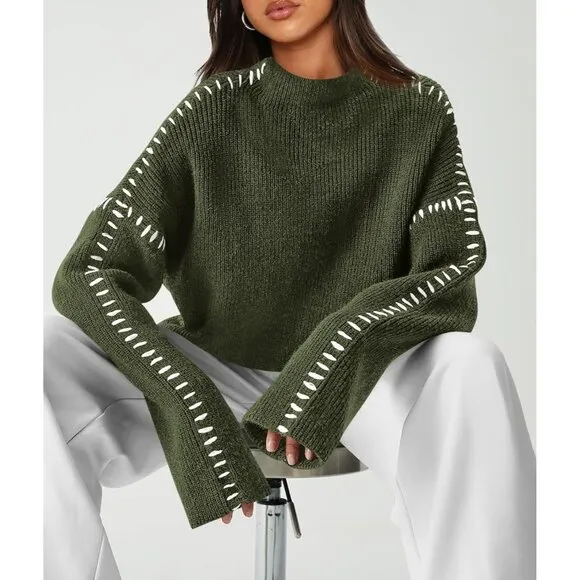 Women's Chunky Knit  Casual Long Sleeve Mock Neck Loose Pullover Sweater Tops
