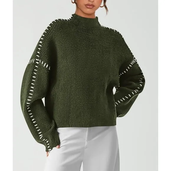 Women's Chunky Knit  Casual Long Sleeve Mock Neck Loose Pullover Sweater Tops