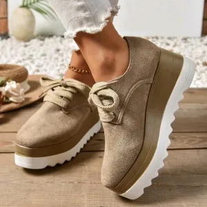 Women's Chunky Platform Lace-Up Suede Oxfords, Khaki Color, Fashionable Casual