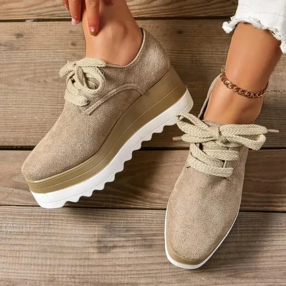 Women's Chunky Platform Lace-Up Suede Oxfords, Khaki Color, Fashionable Casual