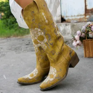 Women's Fashion Embroidered Wedge Slip-On Solid Color Stylish Boots