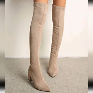 Women's Fashionable Back Zipper Pointed Toe Chunky Heel Elastic Over-The-Knee
