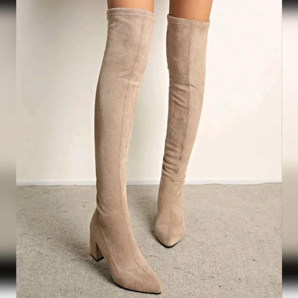 Women's Fashionable Back Zipper Pointed Toe Chunky Heel Elastic Over-The-Knee