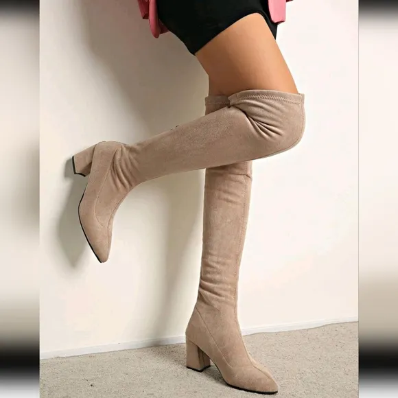 Women's Fashionable Back Zipper Pointed Toe Chunky Heel Elastic Over-The-Knee