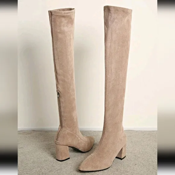 Women's Fashionable Back Zipper Pointed Toe Chunky Heel Elastic Over-The-Knee