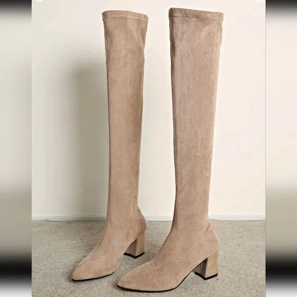 Women's Fashionable Back Zipper Pointed Toe Chunky Heel Elastic Over-The-Knee