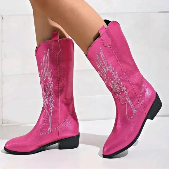 Women's Fashionable Embroidered Leather Western Boots, Pink Low-Heel Chunky