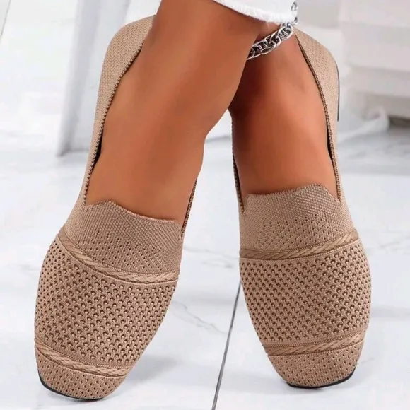 Women's Knitted Flat Shoes, Comfortable Square Toe Loafers, Breathable Mom Shoes