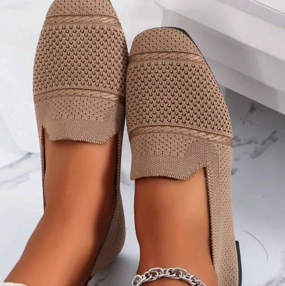 Women's Knitted Flat Shoes, Comfortable Square Toe Loafers, Breathable Mom Shoes