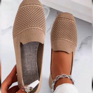 Women's Knitted Flat Shoes, Comfortable Square Toe Loafers, Breathable Mom Shoes