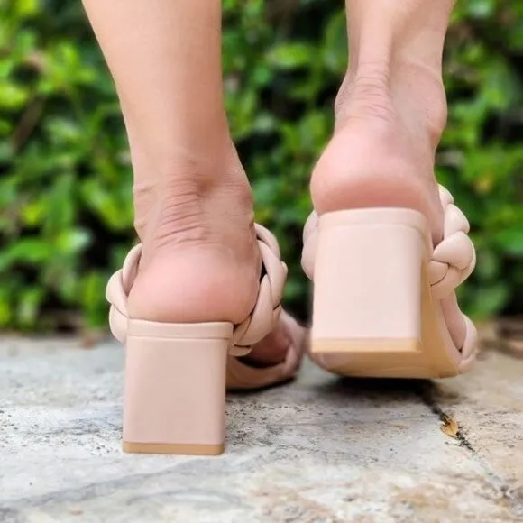 Women's Nude Double Braided Square Toe Mule Low Heel Sandal
