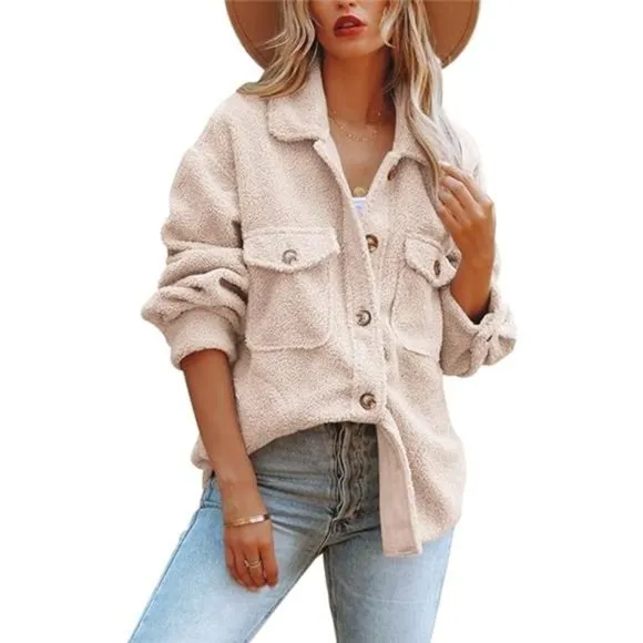 Womens Oversized Fleece Jakcets Button Down Sherpa Shacket Fuzzy Coats Casual
