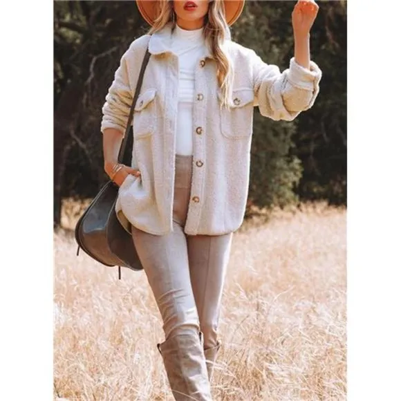 Womens Oversized Fleece Jakcets Button Down Sherpa Shacket Fuzzy Coats Casual