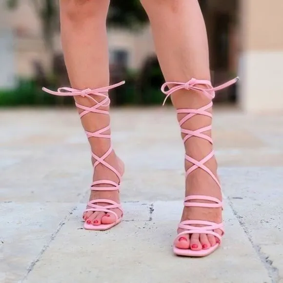 Women's Pink Strappy Pyramid Heel Gladiator Sandals