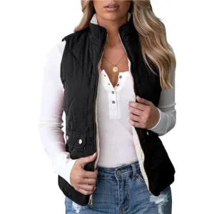 Women's Reversible Sherpa Vest Quilted Zip Fleece Padded Gilet with Pockets