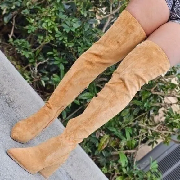 Women's Tan Over The Knee pointed Chunky Block Heel Boots