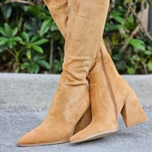 Women's Tan Over The Knee pointed Chunky Block Heel Boots
