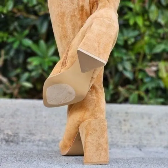 Women's Tan Over The Knee pointed Chunky Block Heel Boots
