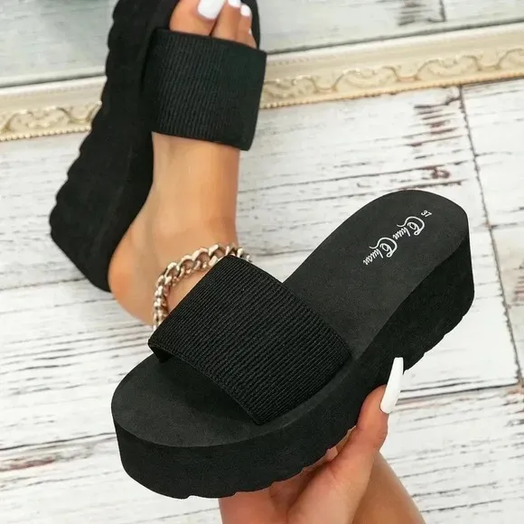 Women's Thick Platform Wedge Heel Stripe Slippers, Stylish Slip-Proof Beach Flip