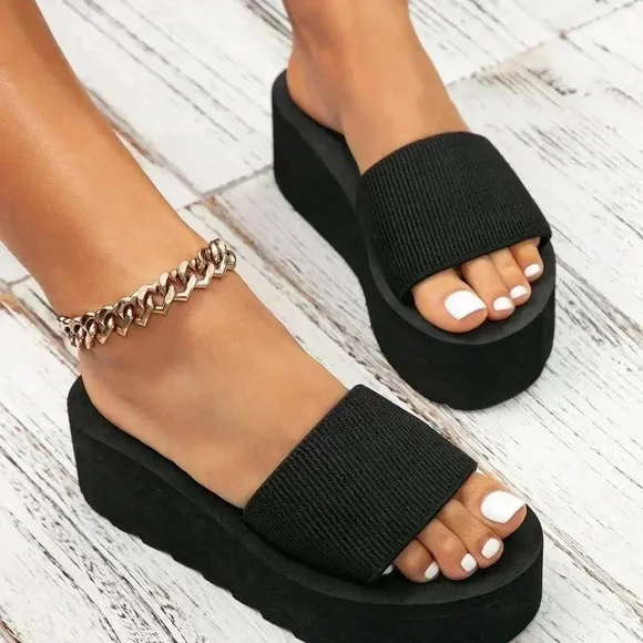 Women's Thick Platform Wedge Heel Stripe Slippers, Stylish Slip-Proof Beach Flip