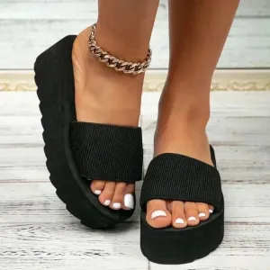 Women's Thick Platform Wedge Heel Stripe Slippers, Stylish Slip-Proof Beach Flip
