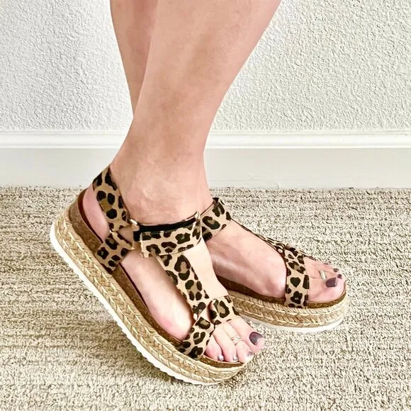 Women's US 7 Leopard Print Strapppy Platform Espadrille Summer Sandals NIB