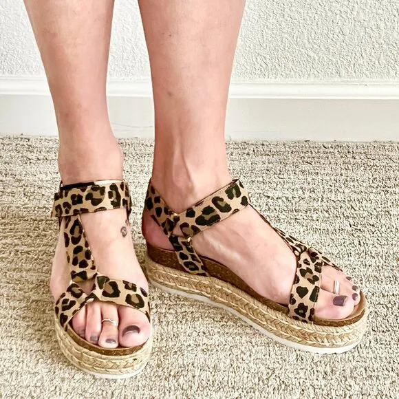 Women's US 7 Leopard Print Strapppy Platform Espadrille Summer Sandals NIB