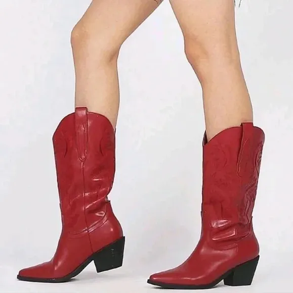 Women's Western Cowgirl Boots Embroidered Chunky High Heel Mid Calf Boots Retro