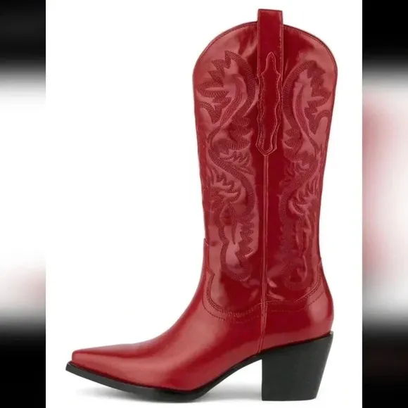 Women's Western Cowgirl Boots Embroidered Chunky High Heel Mid Calf Boots Retro