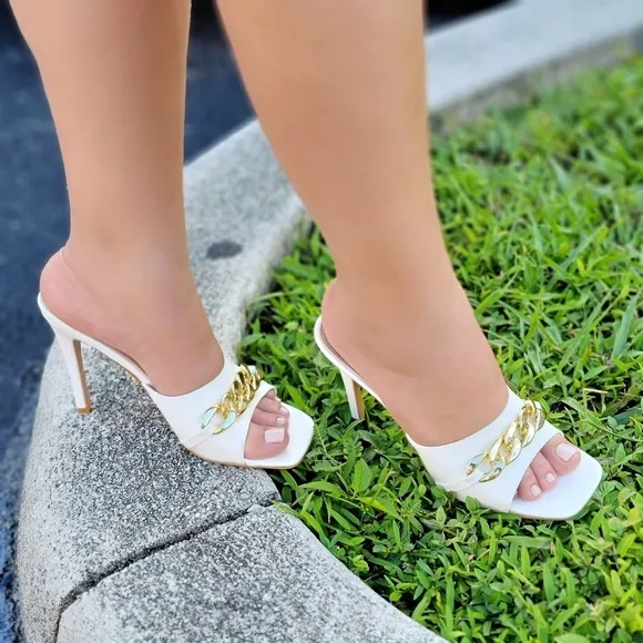 Women's White Open Square Toe High Mule Sandals