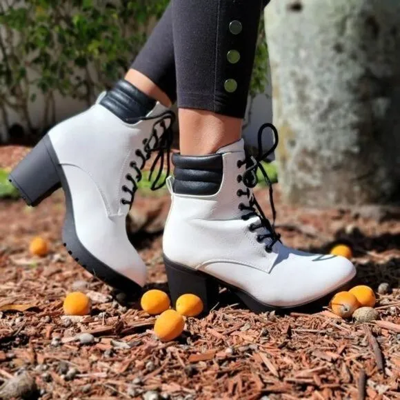 Women's White Chunky Block High Heel Ankle Booties