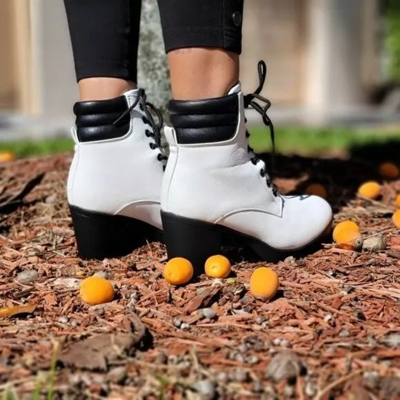 Women's White Chunky Block High Heel Ankle Booties