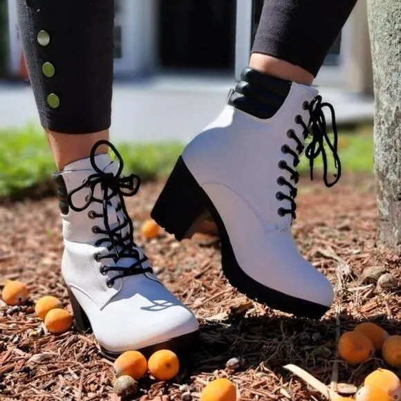 Women's White Chunky Block High Heel Ankle Booties
