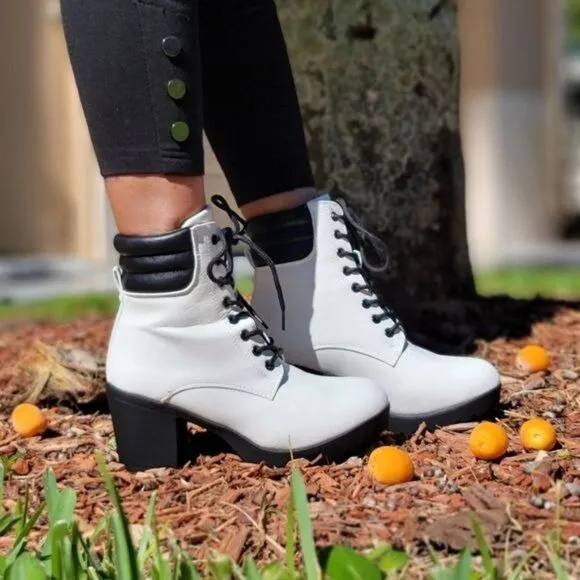 Women's White Chunky Block High Heel Ankle Booties