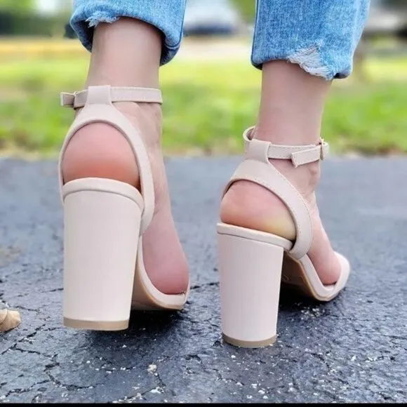 Womens Ankle Strap Chunky Block Heel Dress Sandals Nude Color