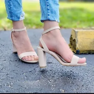 Womens Ankle Strap Chunky Block Heel Dress Sandals Nude Color