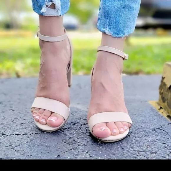 Womens Ankle Strap Chunky Block Heel Dress Sandals Nude Color