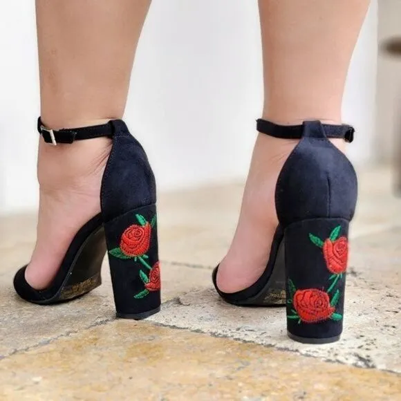 Women's Black Ankle Strap Chunky Heel Sandals