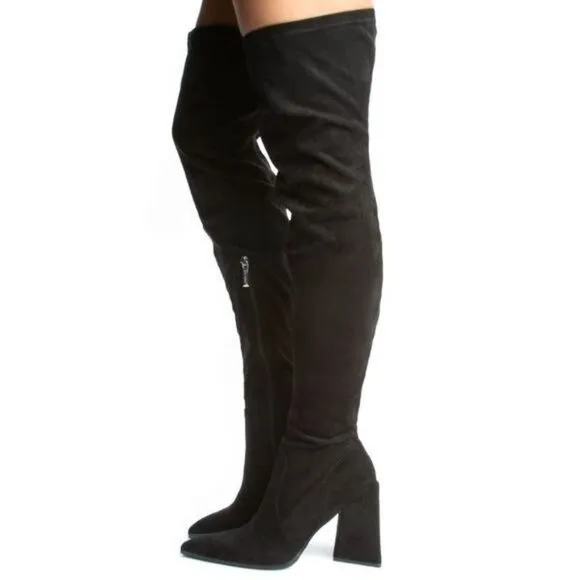 Women's Black Over The Knee pointed Chunky Block Heel Boots
