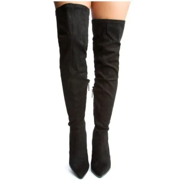 Women's Black Over The Knee pointed Chunky Block Heel Boots