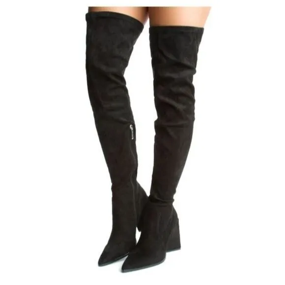Women's Black Over The Knee pointed Chunky Block Heel Boots
