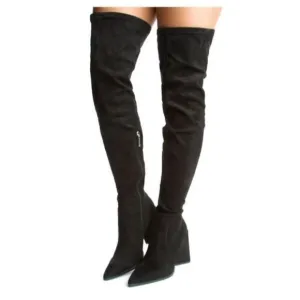 Women's Black Over The Knee pointed Chunky Block Heel Boots