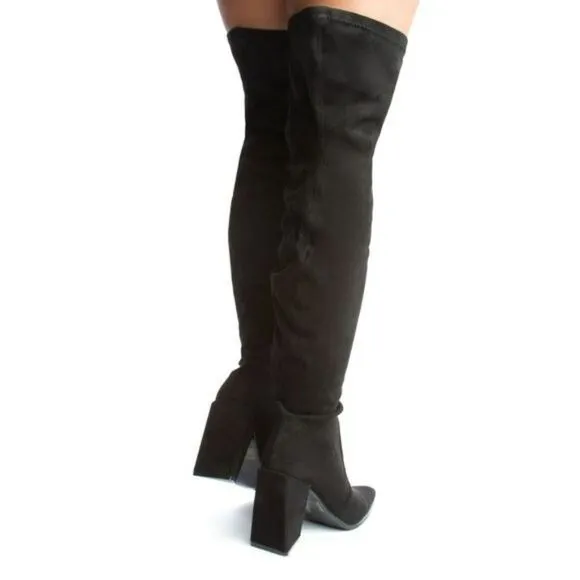 Women's Black Over The Knee pointed Chunky Block Heel Boots