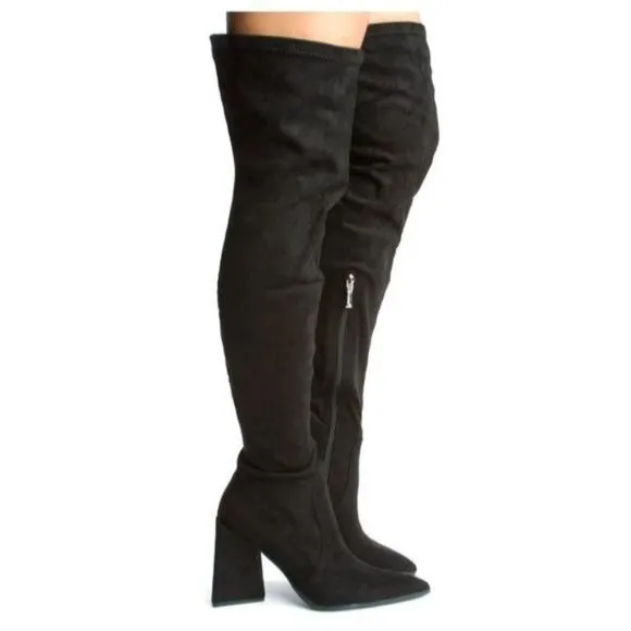 Women's Black Over The Knee pointed Chunky Block Heel Boots