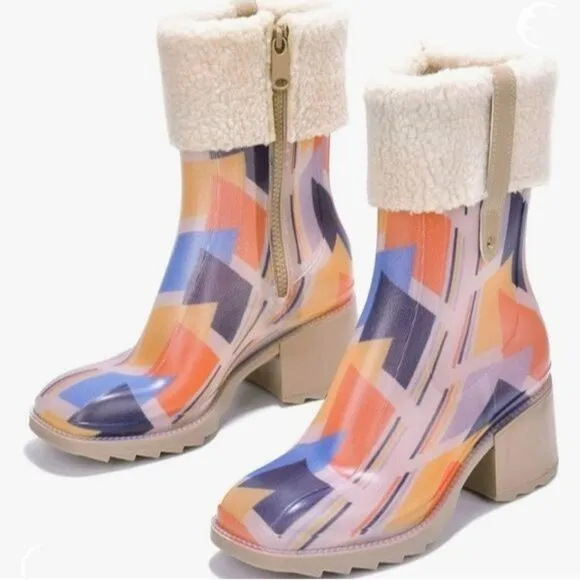 Womens Chunky Block Heel Ankle Boots Print Color