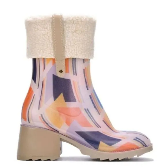 Womens Chunky Block Heel Ankle Boots Print Color