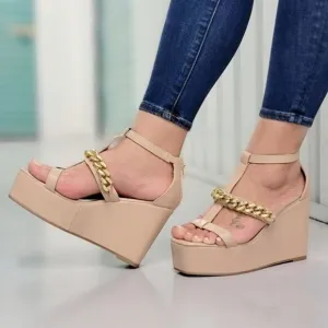 Women's Gold Chain High Wedge Platform Nude Color