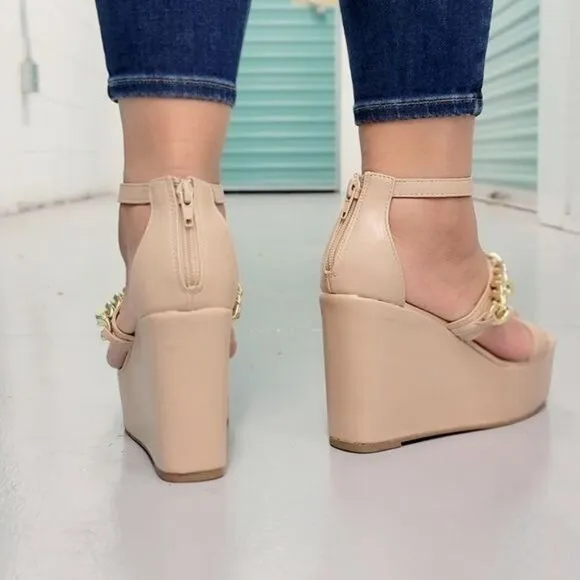 Women's Gold Chain High Wedge Platform Nude Color