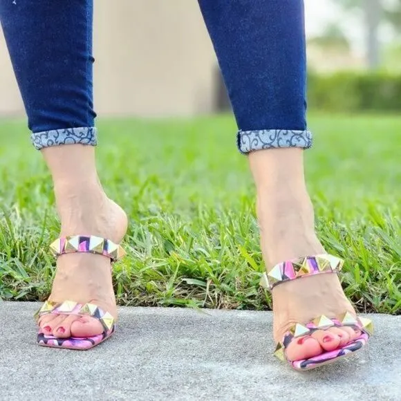Women's Pink Studded High Heel Square Open Toe Shoes