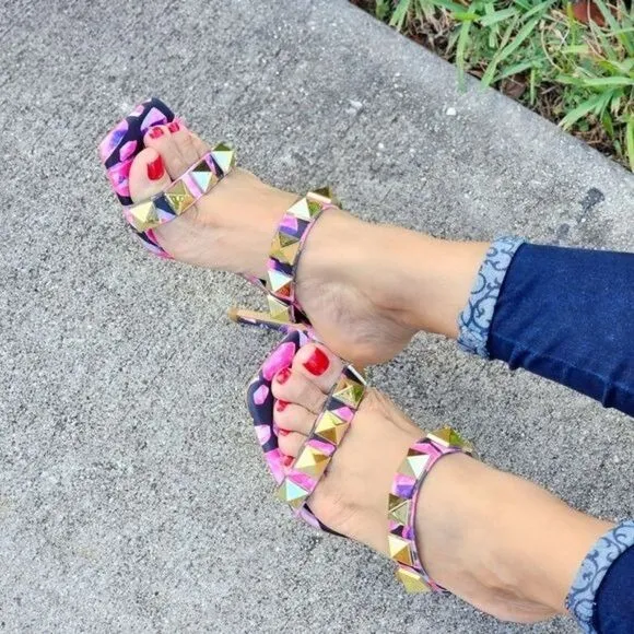 Women's Pink Studded High Heel Square Open Toe Shoes